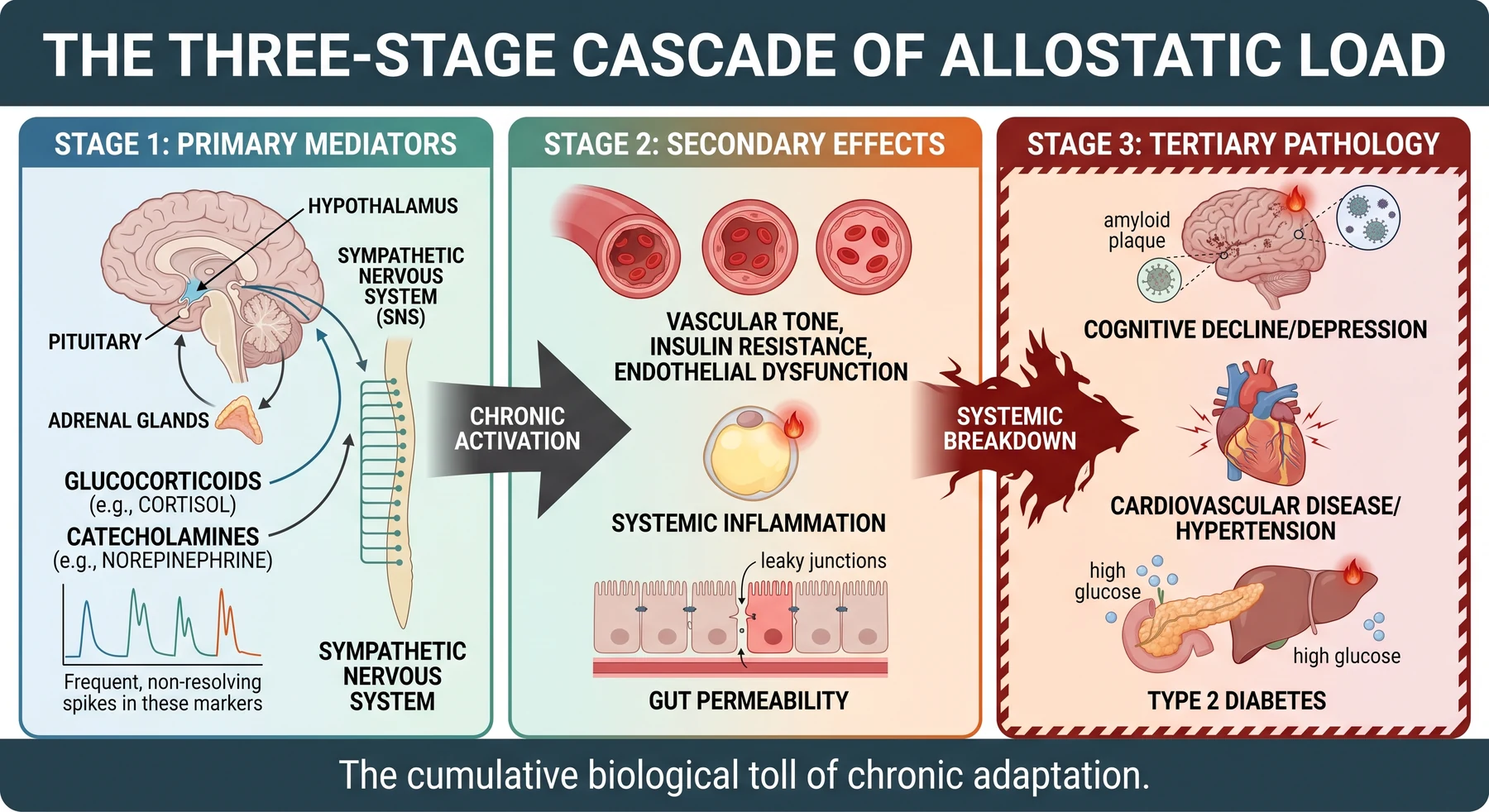 Three stages of allostatic load: primary, secondary, tertiary