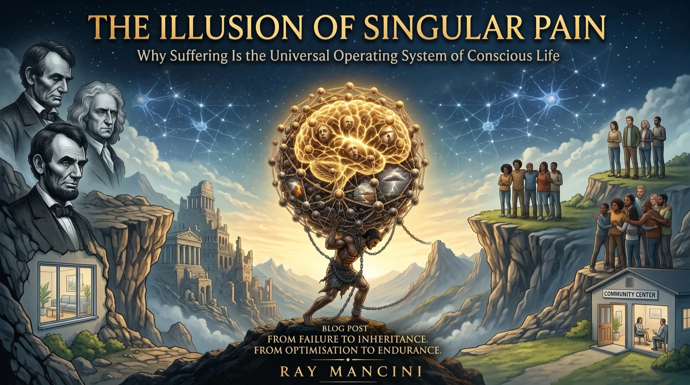 A chained figure carries a glowing brain on his back between cliffs, historical figures on one side and friends gathered outside a community centre on the other