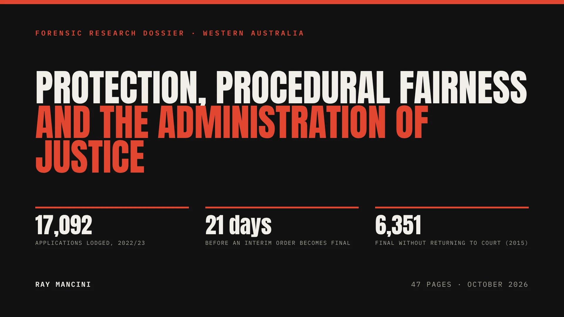 Cover of the forensic research dossier on protection, procedural fairness and the administration of justice