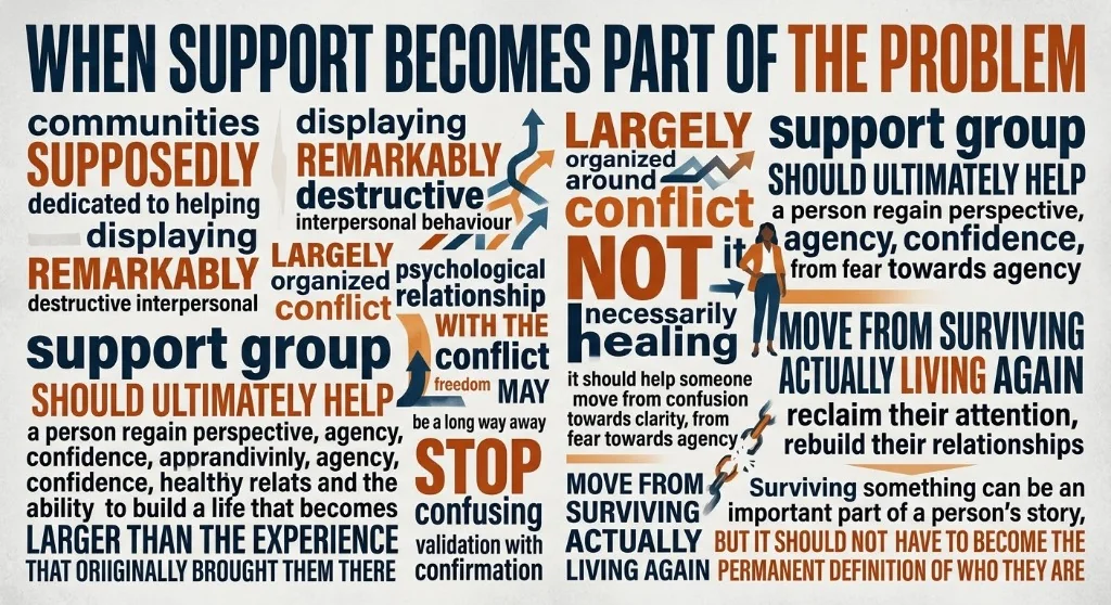 A person surrounded by a vortex of social media posts and comment bubbles at a laptop, illustrating how online support communities can keep survivors stuck